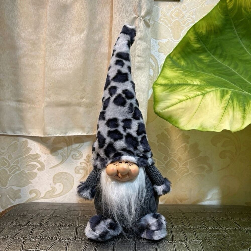 NEW Gray Leopard Gnome Plush Shelf Sitter Long Hat 6x14 Home Decor Christmas